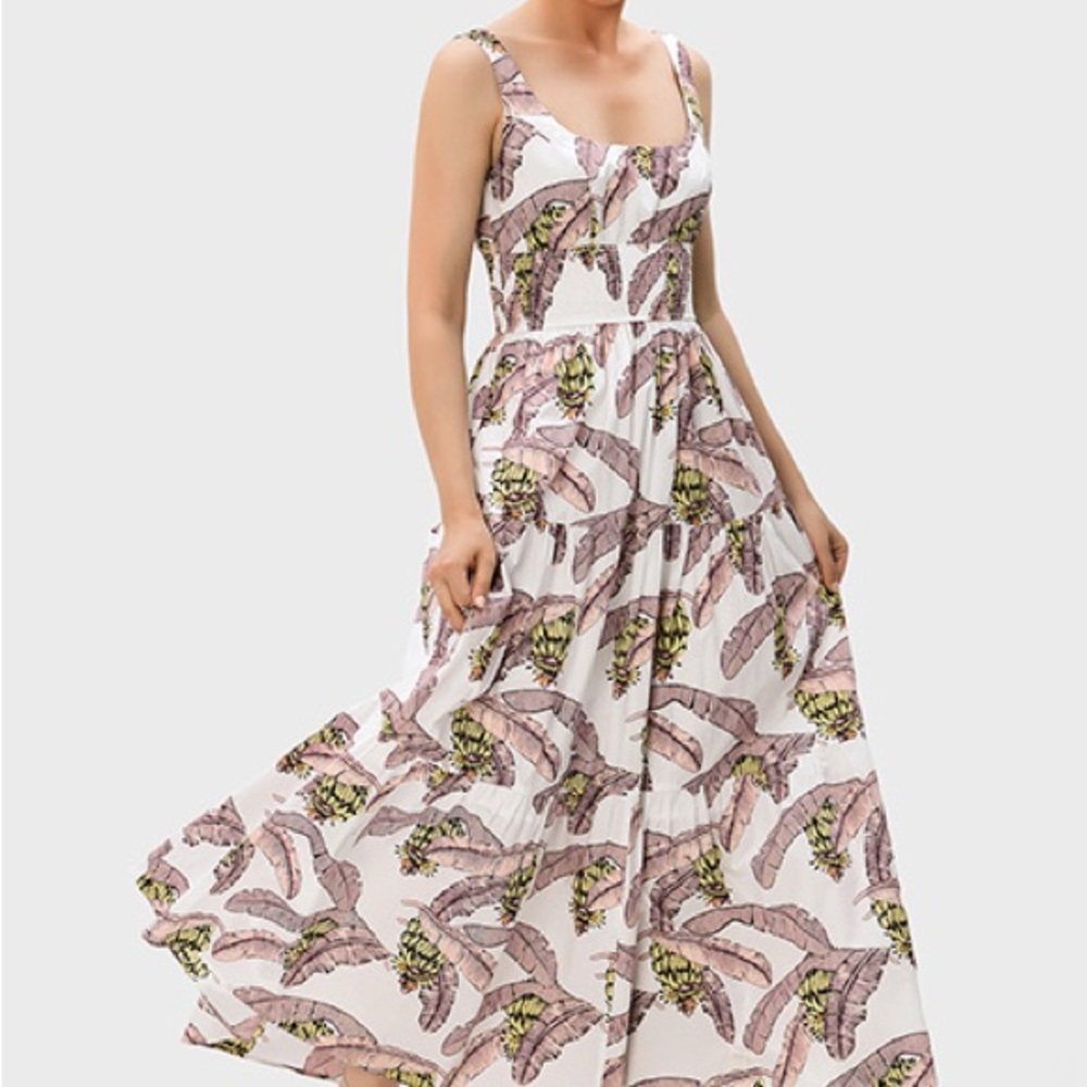 Smocked Empire Banana Print Cotton Tiered Maxi Dress with pockets